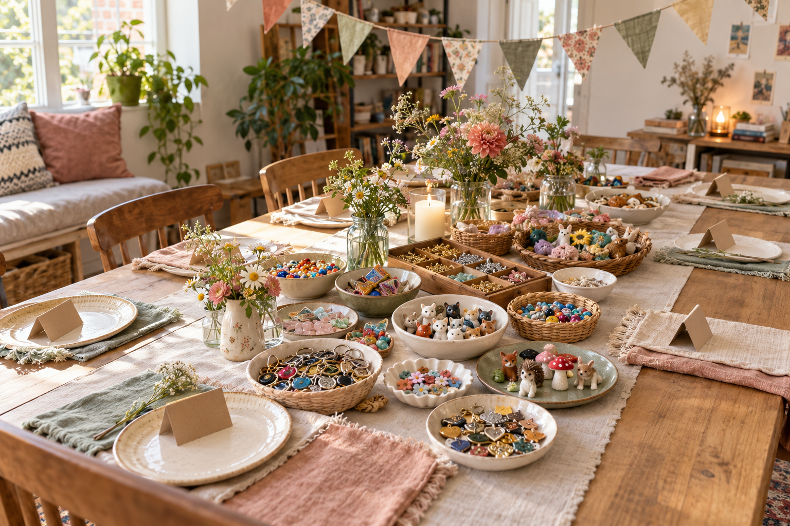 Trinket swap table arranged with flowers, baskets, ceramic dishes, and blank story cards
