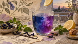 Blue Moon Tea changing from indigo blue to violet as lemon juice falls into a clear glass mug beside butterfly pea flowers and lemon balm
