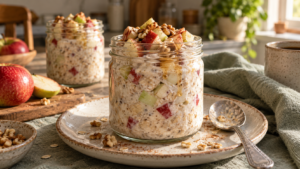 Glass jars of apple pie overnight oats topped with diced apples, cinnamon and walnuts