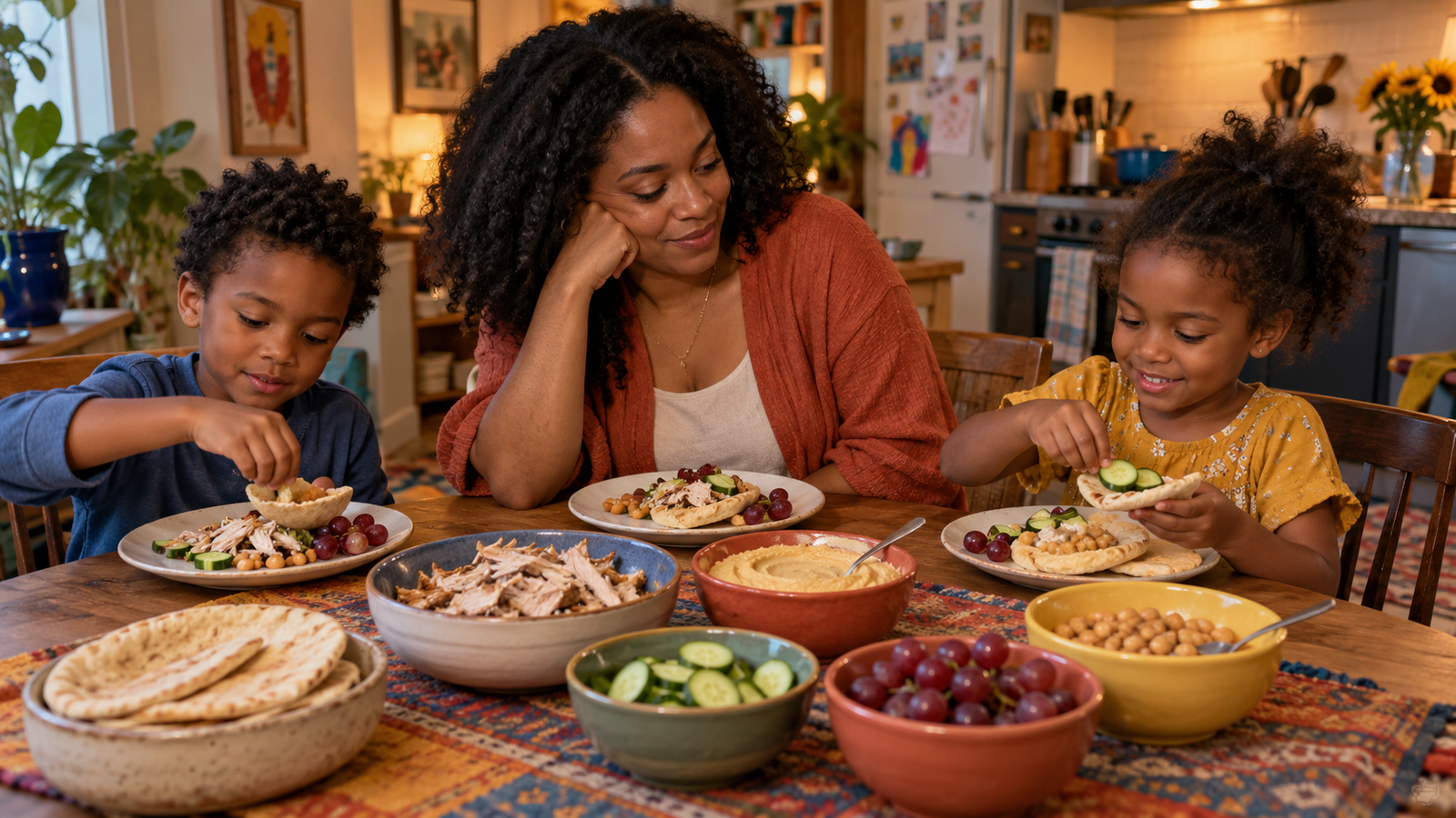 Dark-skinned Nigerian American mother and two children assembling pita dinners together at a colorful table