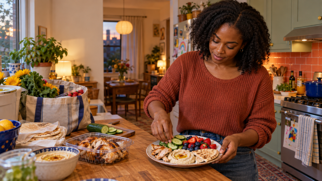 Dark-skinned Nigerian American mother assembling a colorful no-cook dinner in her lived-in kitchen