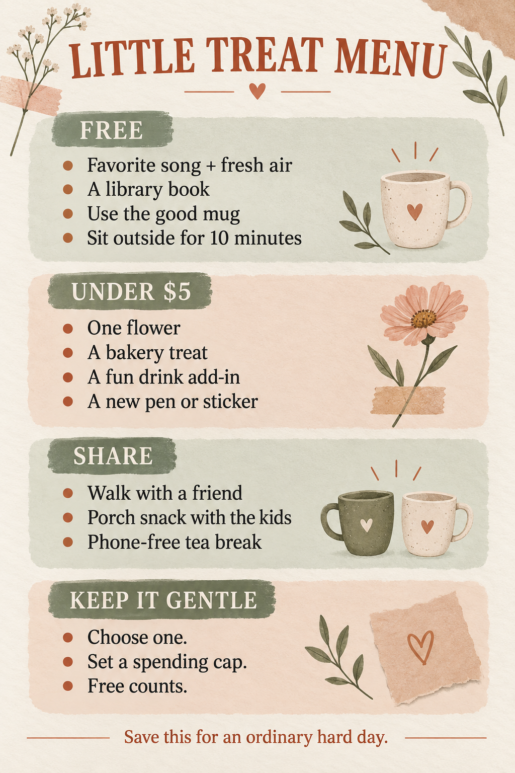 Vertical Little Treat Menu listing free, under-five-dollar and shared treat ideas with gentle spending reminders