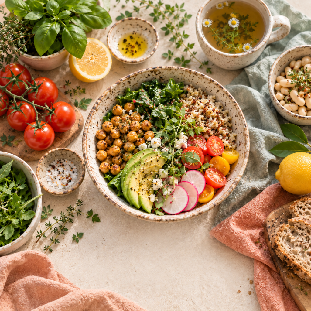 Colorful nourishing meal with chickpeas, greens, avocado, tomatoes, herbs and tea