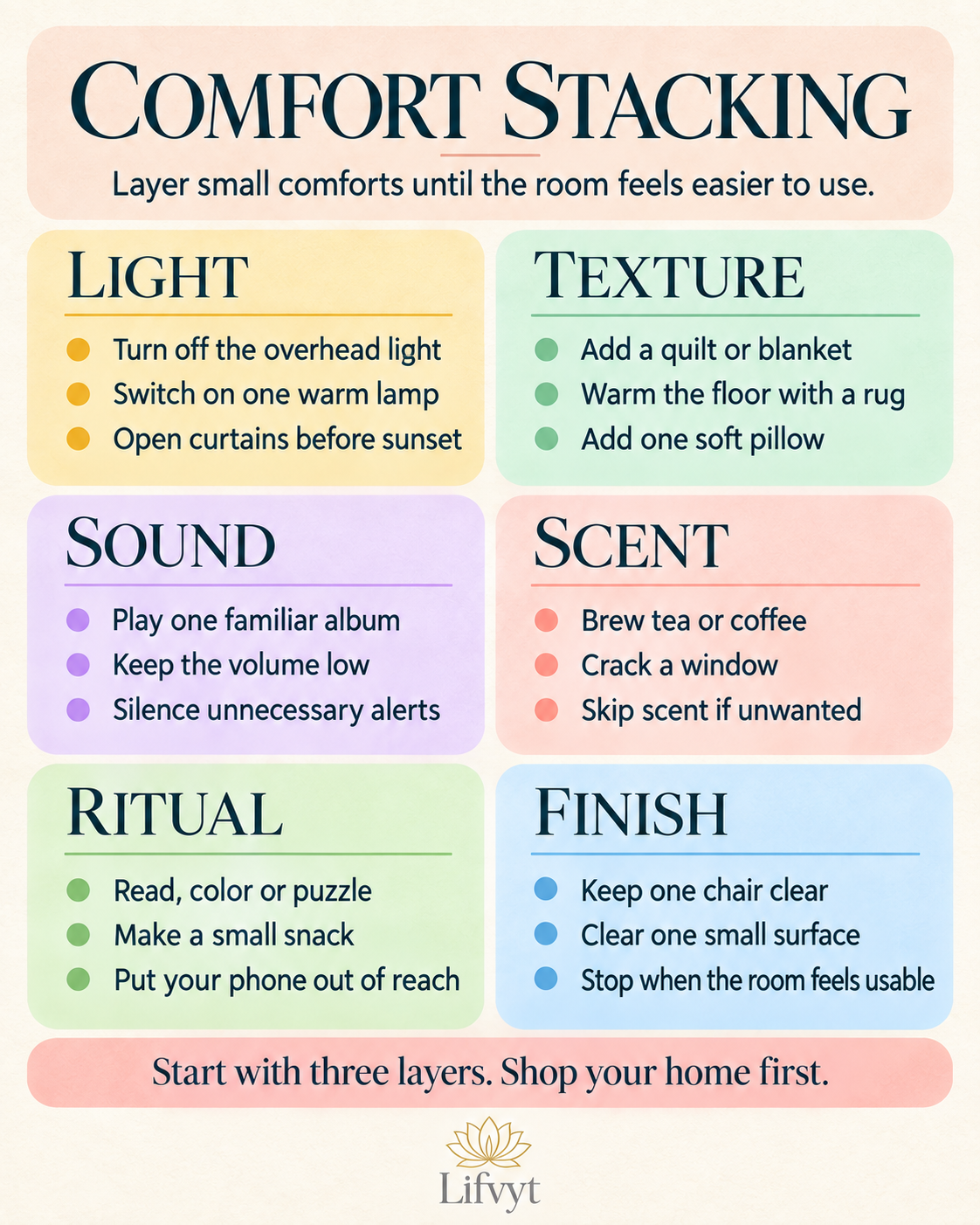Colorful Comfort Stacking formula card listing light, texture, sound, scent, ritual and a clear surface