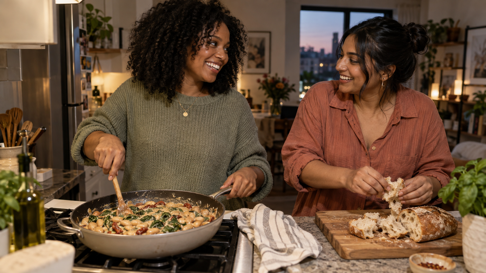 Two young women cooking creamy sun-dried tomato butter beans together in a warm home kitchen