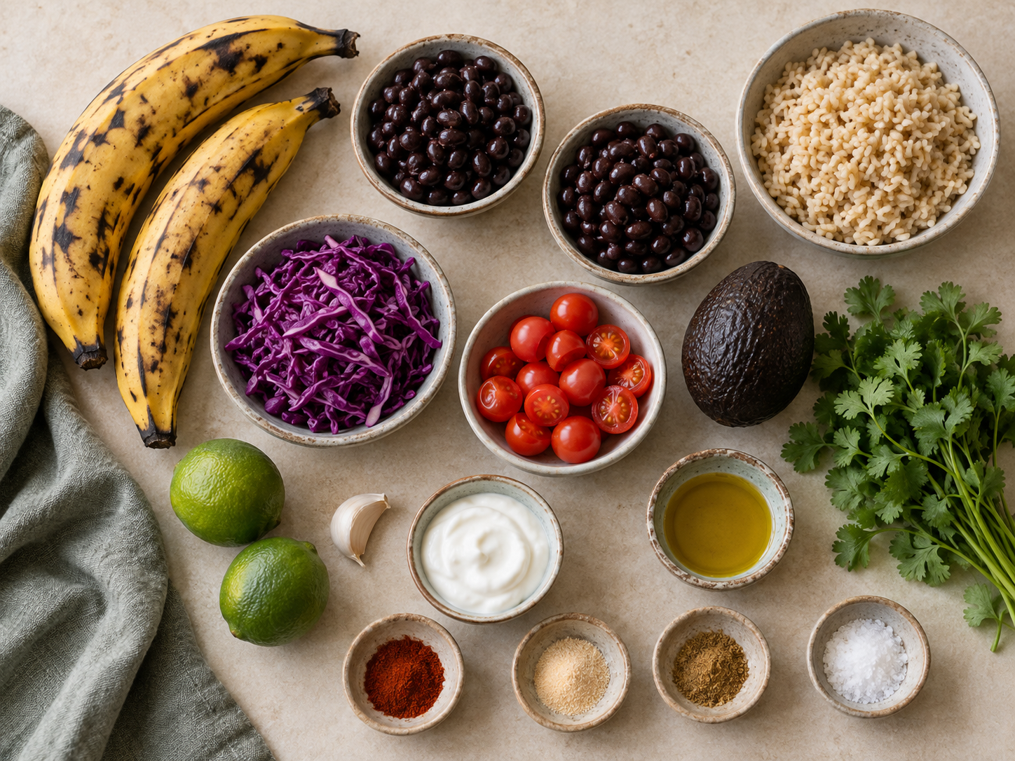 Plantains, black beans, brown rice, purple cabbage, tomatoes, avocado, cilantro, lime and yogurt arranged for plantain bowls