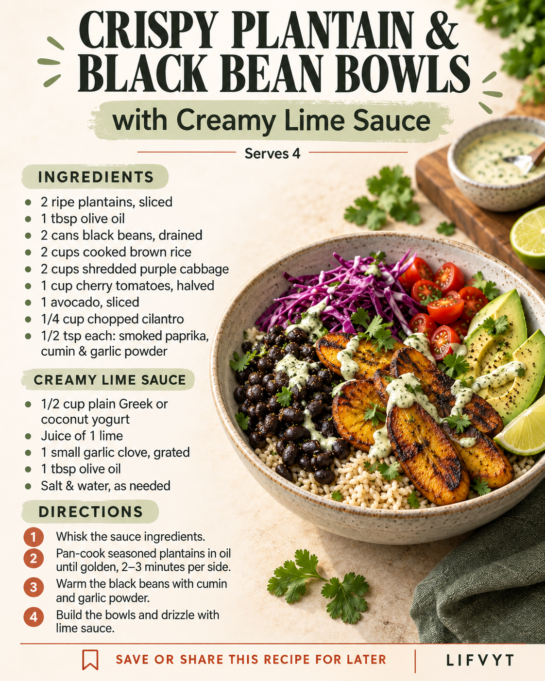 Saveable recipe card for crispy plantain and black bean bowls with creamy lime sauce