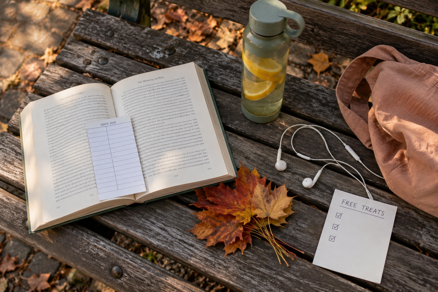 Library book, wired headphones, citrus water and autumn leaves arranged on a worn park bench as free little-treat ideas