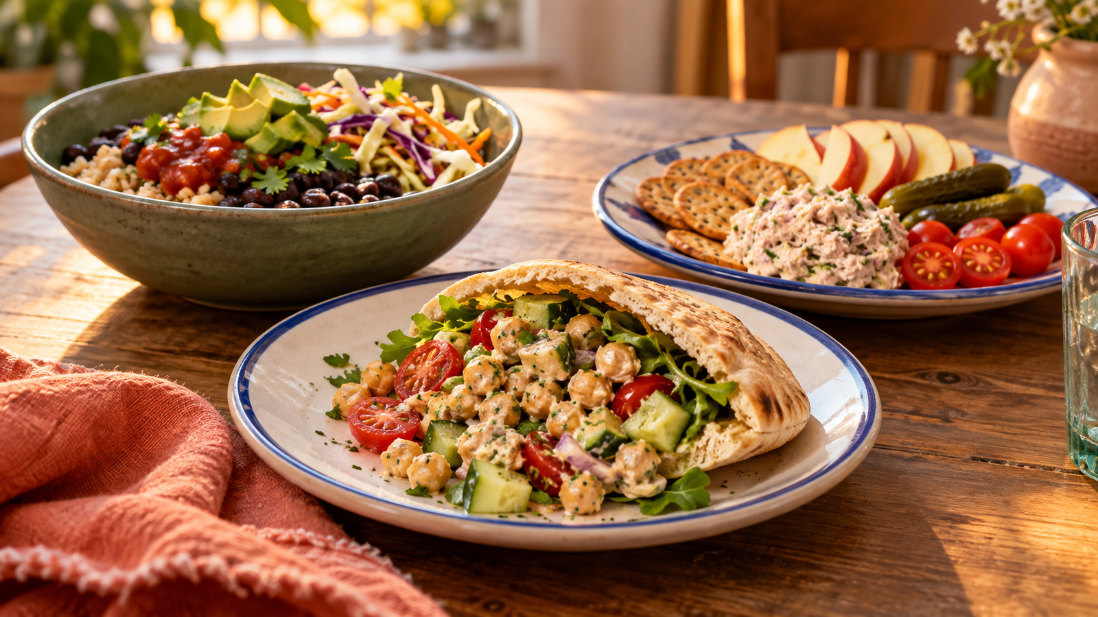 Chickpea pita, black bean rice bowl and tuna cracker plate arranged as three easy assembly meals