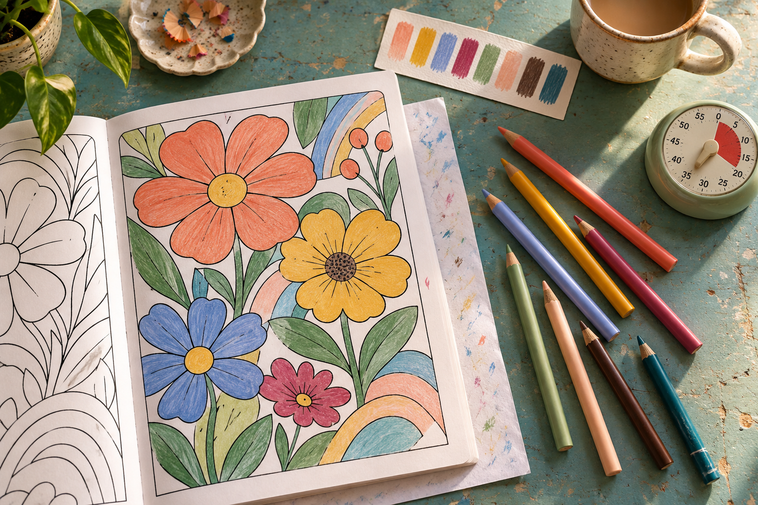 Beginner coloring setup with a bold flower page, eight colored pencils, swatch strip, scrap paper, mug and timer