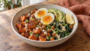 Savory breakfast bowl with roasted sweet potatoes, crispy chickpeas, spinach, avocado, jammy egg and tahini sauce