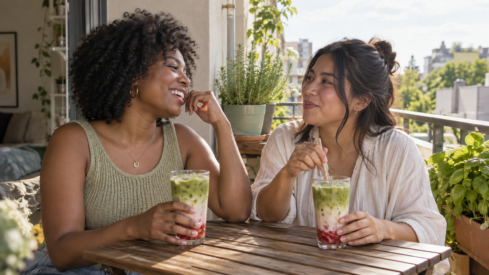Two young women sharing layered strawberry matcha lattes on a sunny balcony