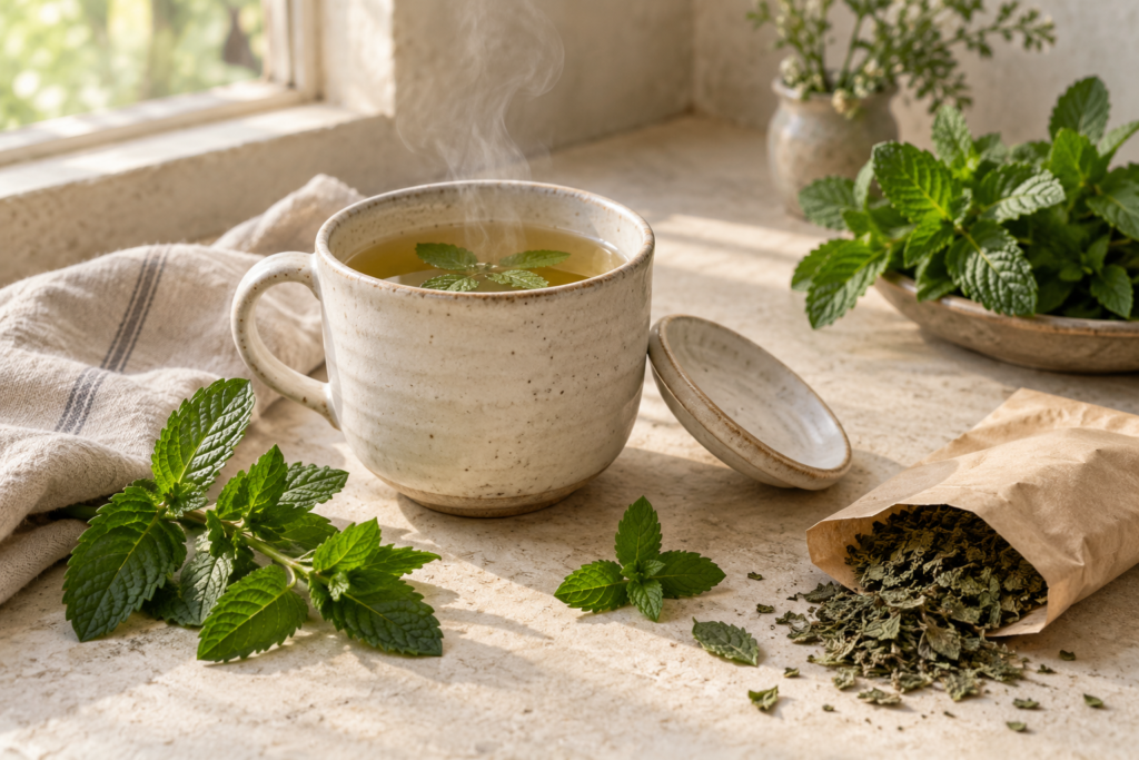 Warm cup of fresh mint tea in sunlight representing peppermint leaf infusion