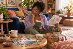 Deep dark-skinned Black woman choosing between a physical book and coloring page with her phone face down in a colorful living room
