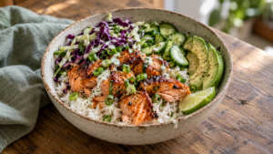 Hot honey glazed salmon rice bowl with crunchy cabbage slaw, cucumber, avocado and yogurt-lime sauce