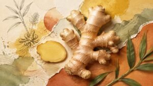 Artistic mixed-media composition of fresh ginger rhizomes, botanical illustration and layered watercolor paper