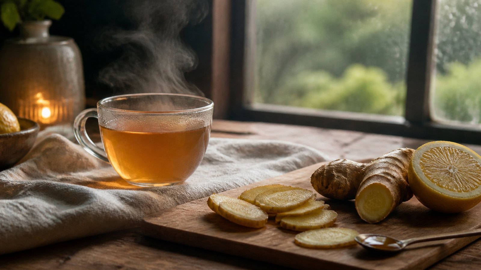 Steaming ginger tea with fresh ginger slices and lemon in a calm kitchen by the window