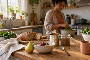 Young Black woman preparing breakfast beside oats, berries, whole-grain bread, chickpeas, lentils and leafy greens