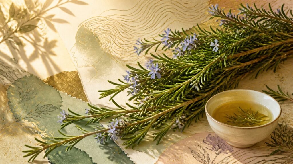 Artistic mixed-media composition of flowering rosemary sprigs, botanical linework and a cup of rosemary tea