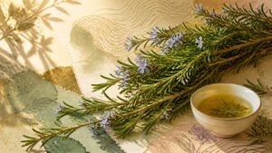 Artistic mixed-media composition of flowering rosemary sprigs, botanical linework and a cup of rosemary tea