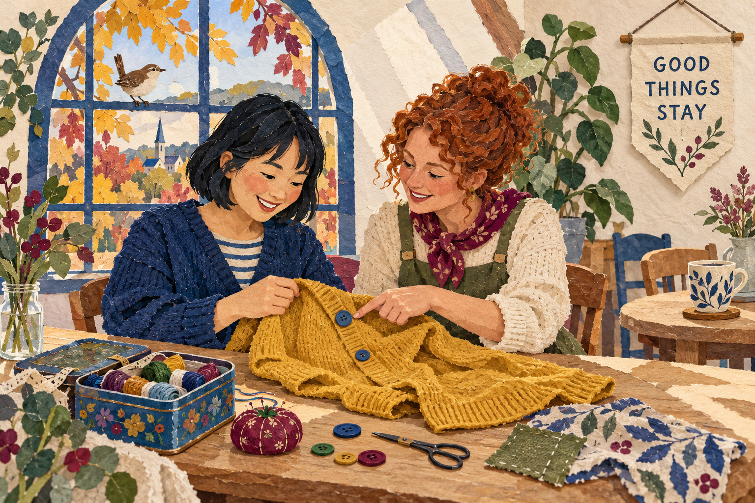 Paper collage of two women examining a mustard cardigan at a community repair table beneath a “Good things stay” banner.