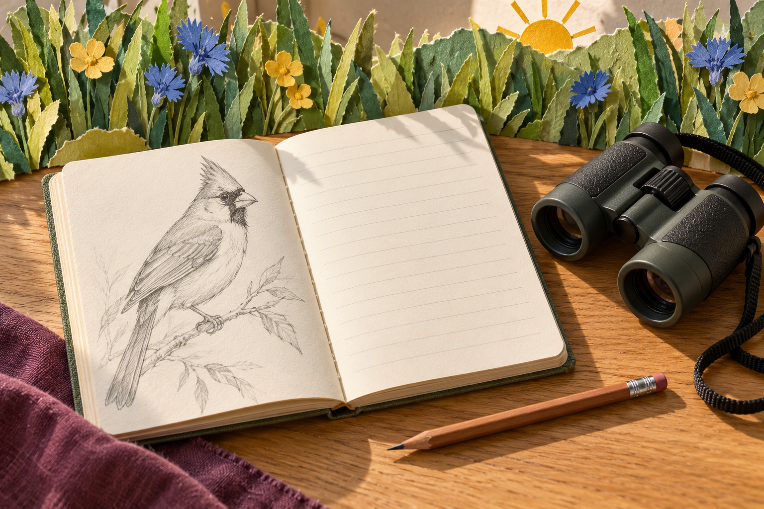 Open notebook with a cardinal sketch beside a pencil and binoculars, backed by layered paper plants.
