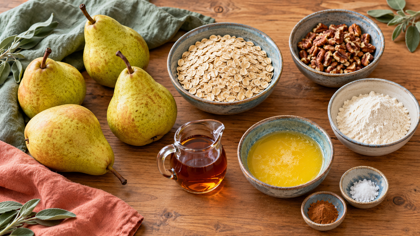Fresh pears with bowls of oats, pecans, flour, melted butter, maple syrup, cinnamon and salt.