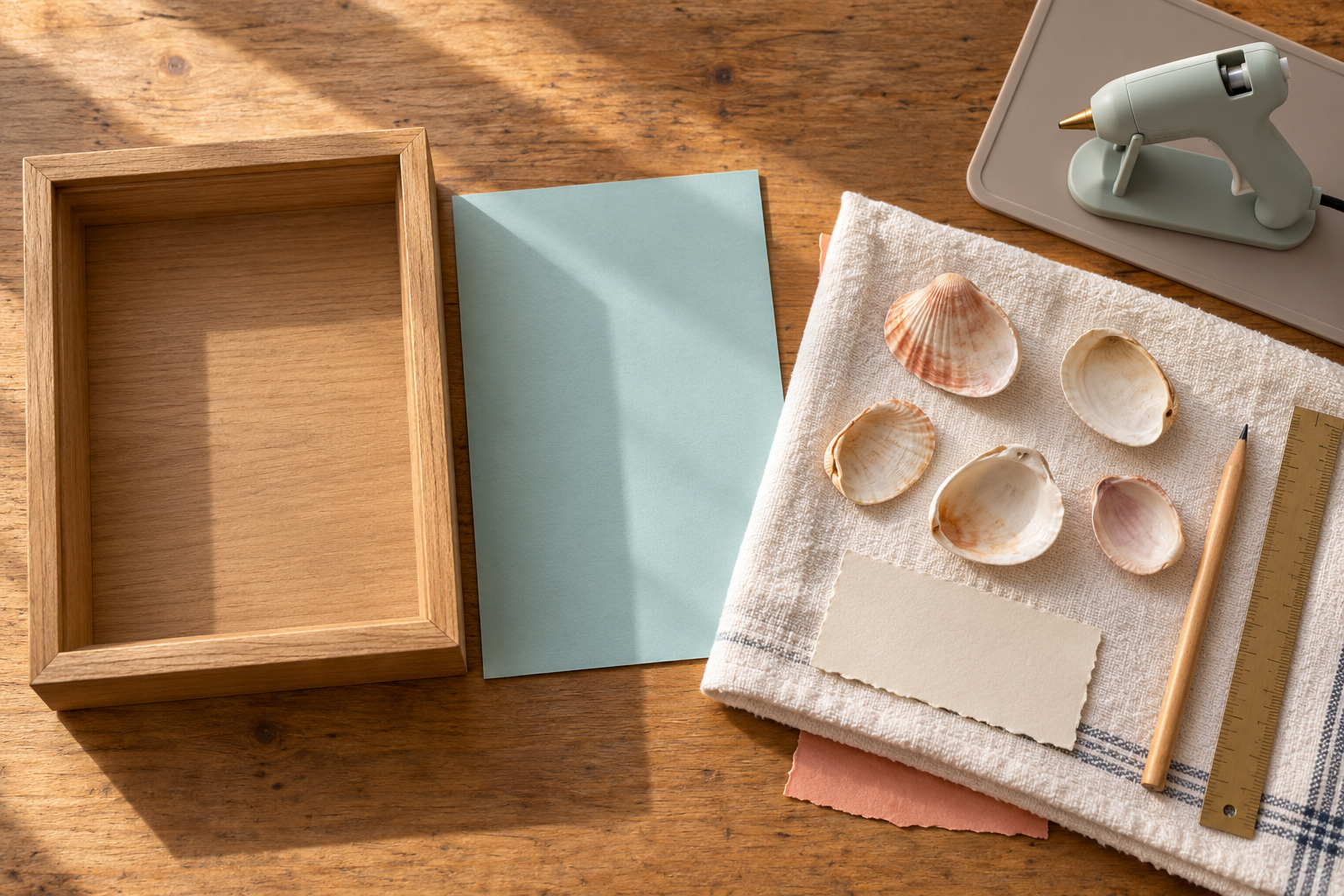 Empty wooden shadow box, aqua backing, five shells, ruler, pencil and a glue gun resting on a heat mat.
