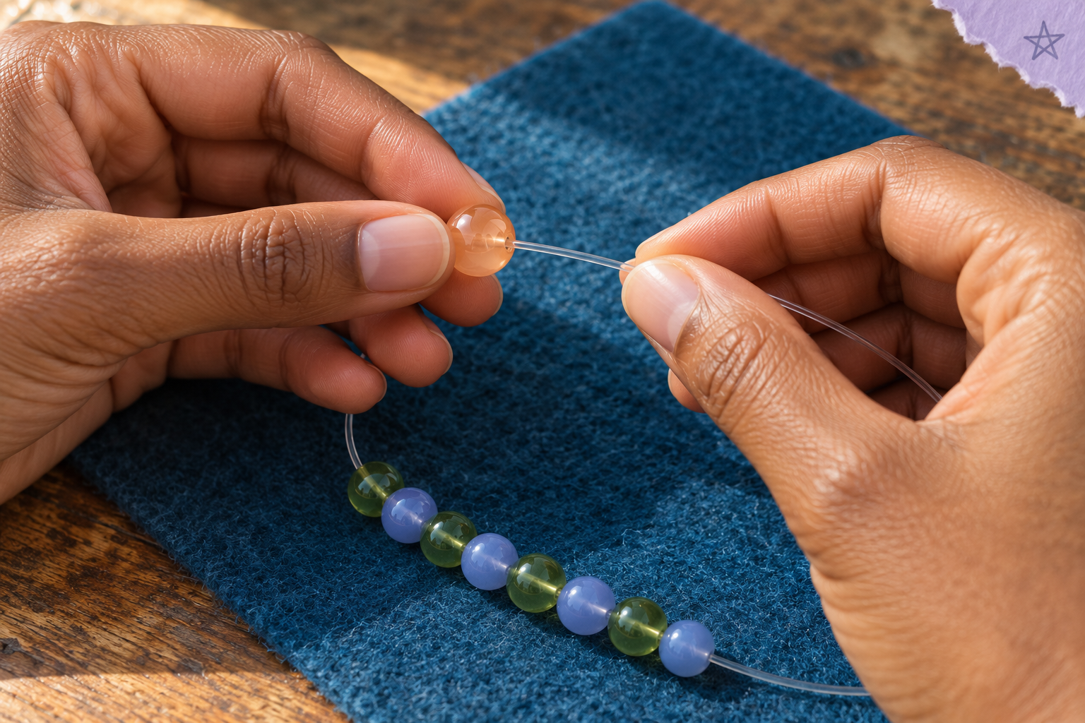 Close-up of hands guiding clear elastic through an apricot bead above a partly strung green and periwinkle strand.