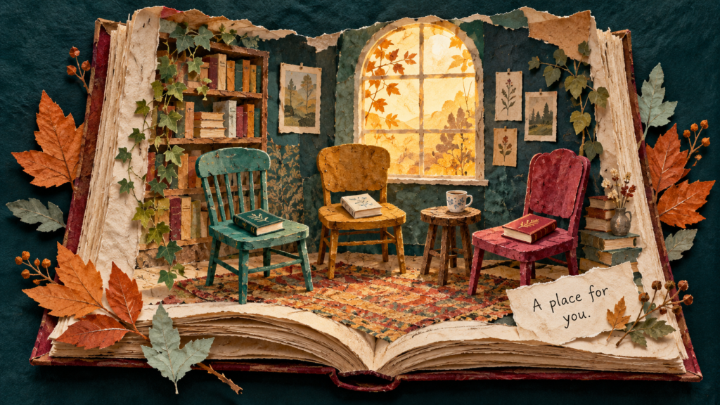 Paper-collage reading room inside an open book, with three colorful chairs and a note reading A place for you.