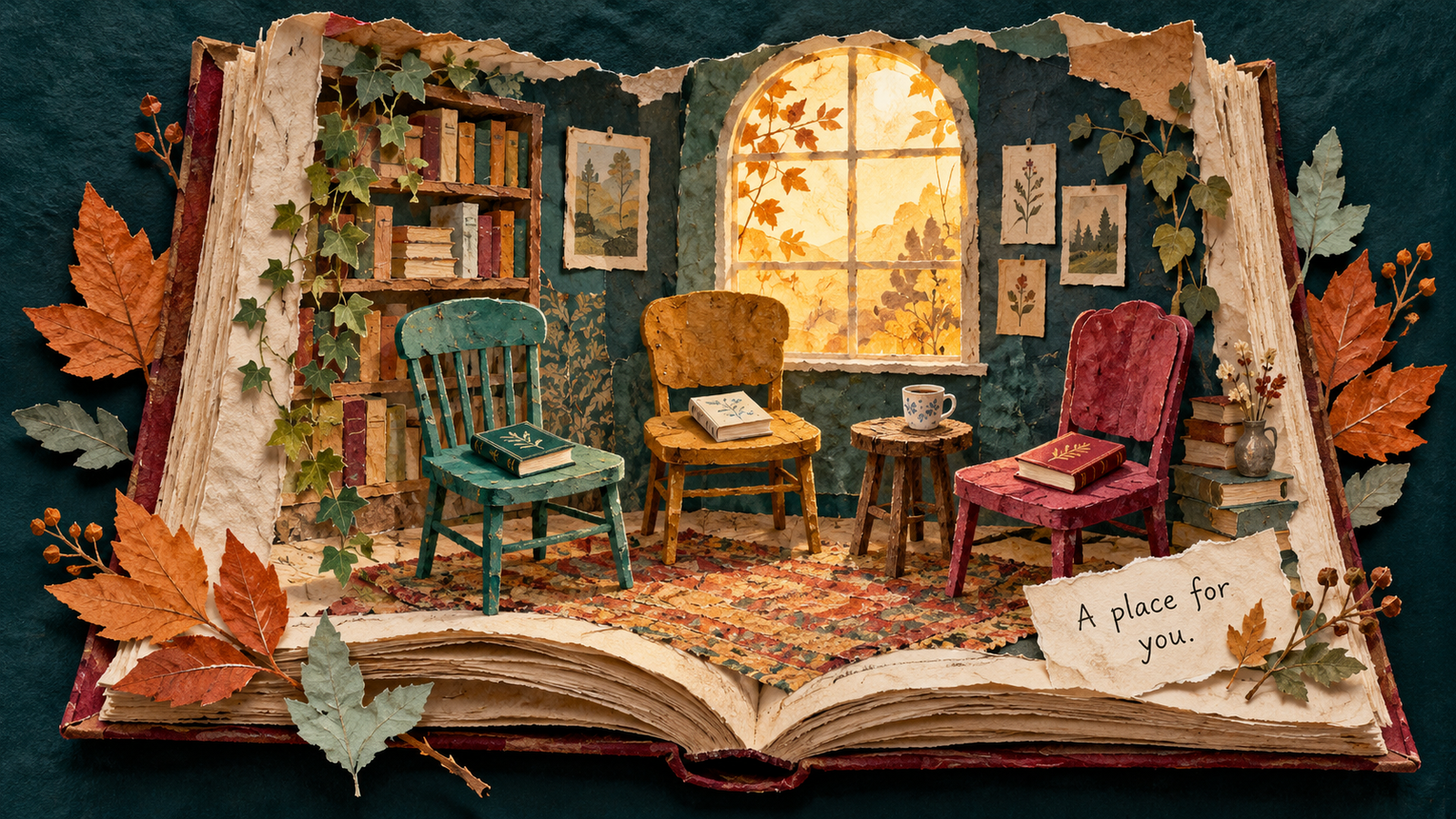 Paper-collage reading room inside an open book, with three colorful chairs and a note reading A place for you.