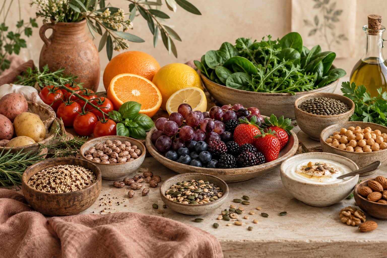 Everyday electrolyte and mineral foods with water, citrus, potatoes, beans, yogurt, nuts and seeds