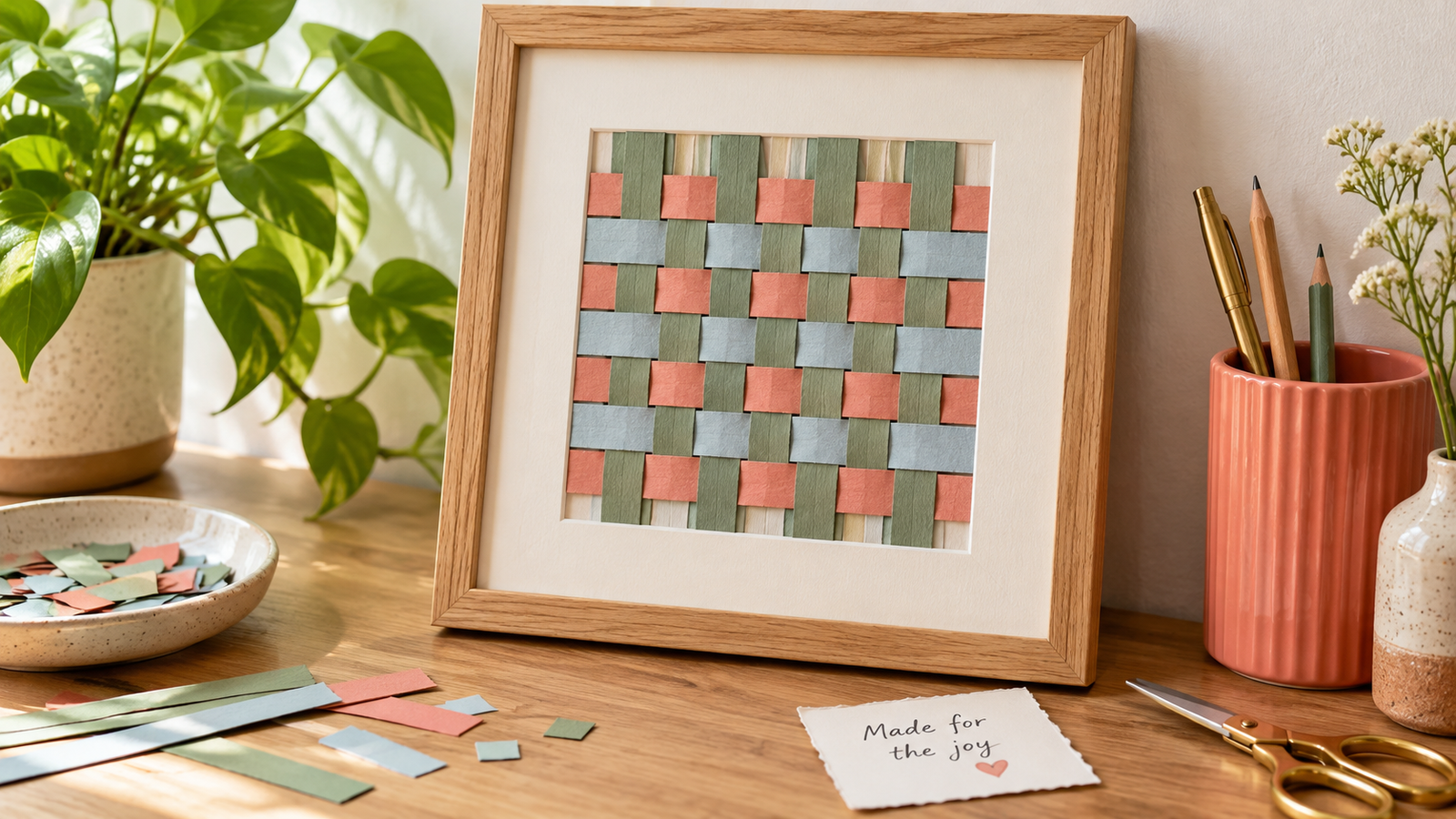 Framed sage, coral and blue woven paper art beside a note reading Made for the joy.