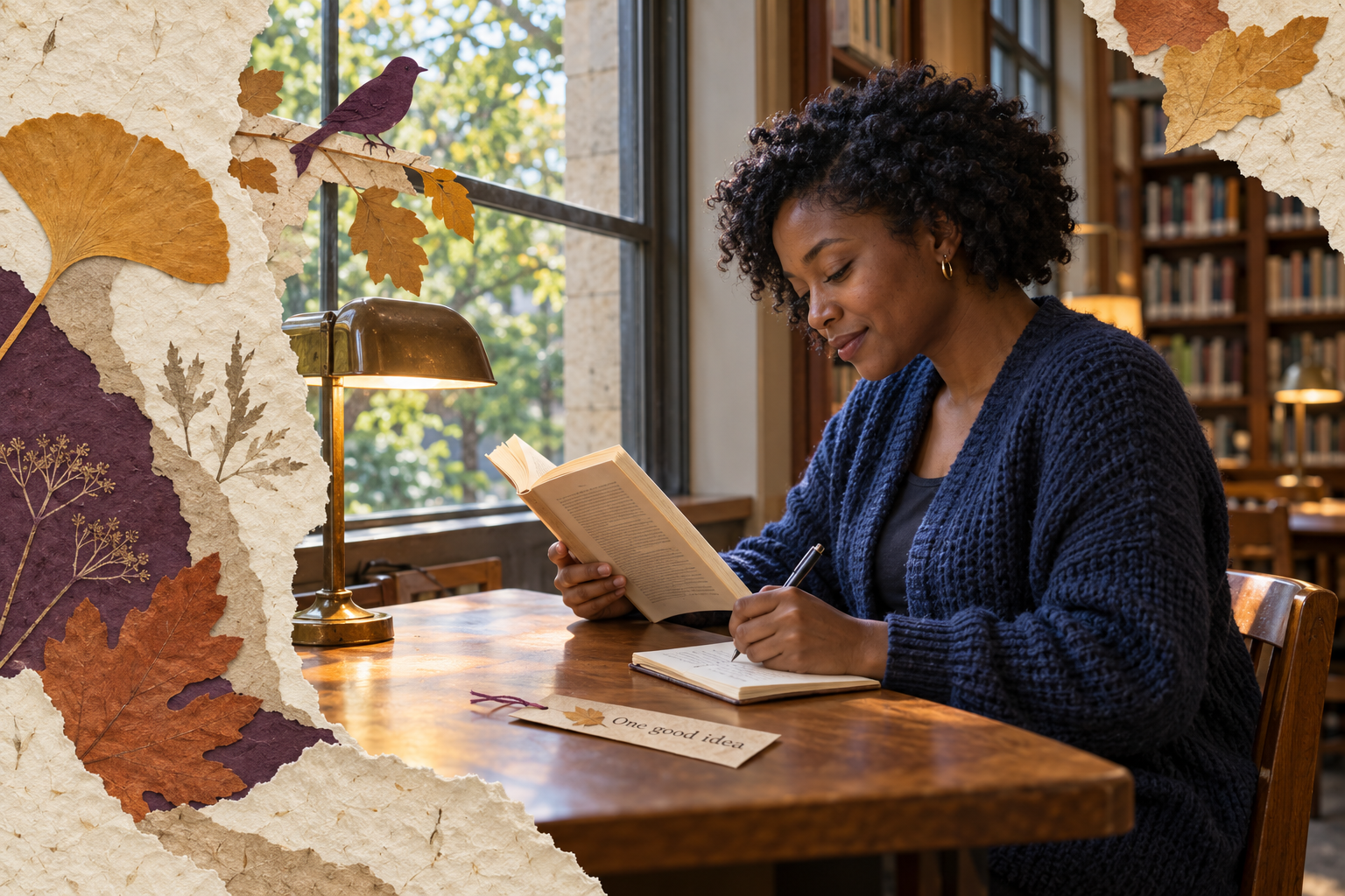 A woman reading and taking notes at a library table, framed by layered paper leaves and a small plum-colored bird.