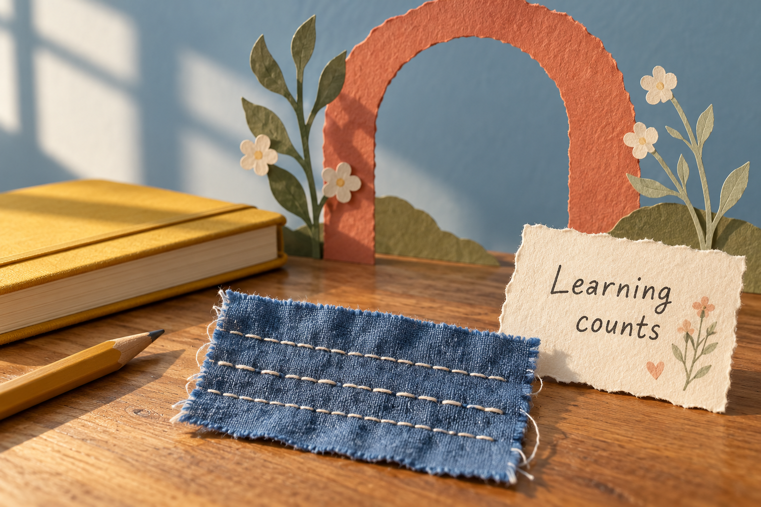 Blue fabric stitch sample beside a yellow notebook and Learning counts note beneath a coral paper arch.