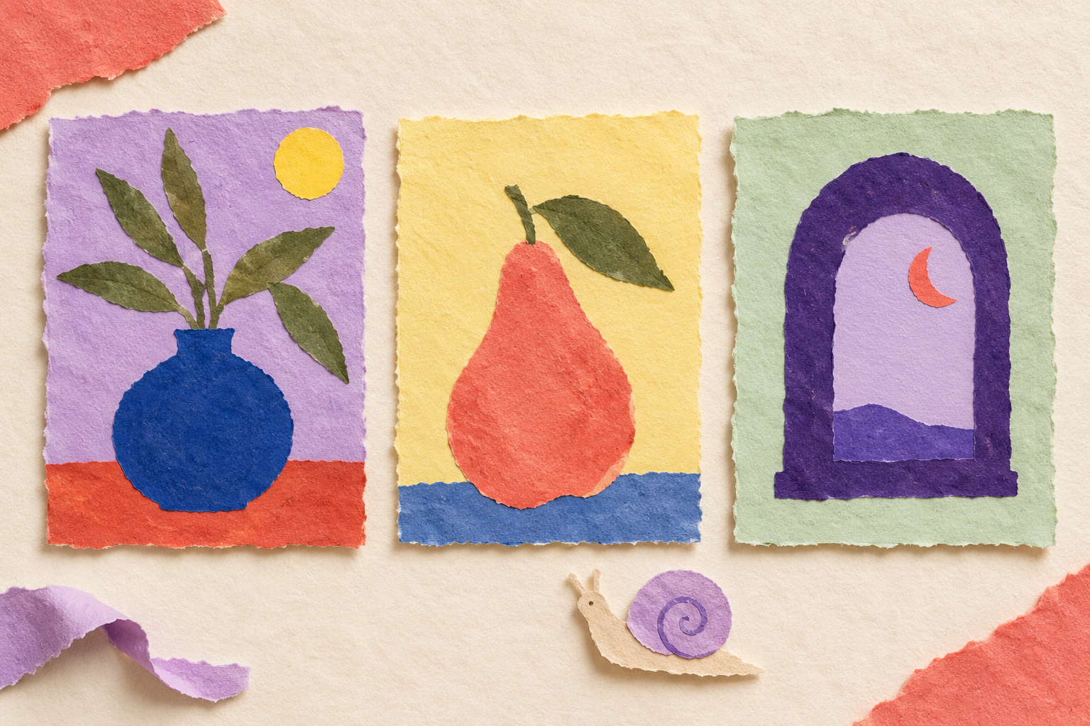 Three simple paper collages featuring a leafy vase, a coral pear and a violet arched window, with a small paper snail below.