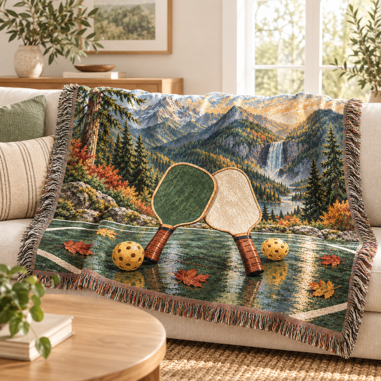 Pickleball Woven Blanket, 100% Cotton Sports Throw, Mountain Lake Tapestry, Pickleball Player Gift, Rustic Cabin Decor