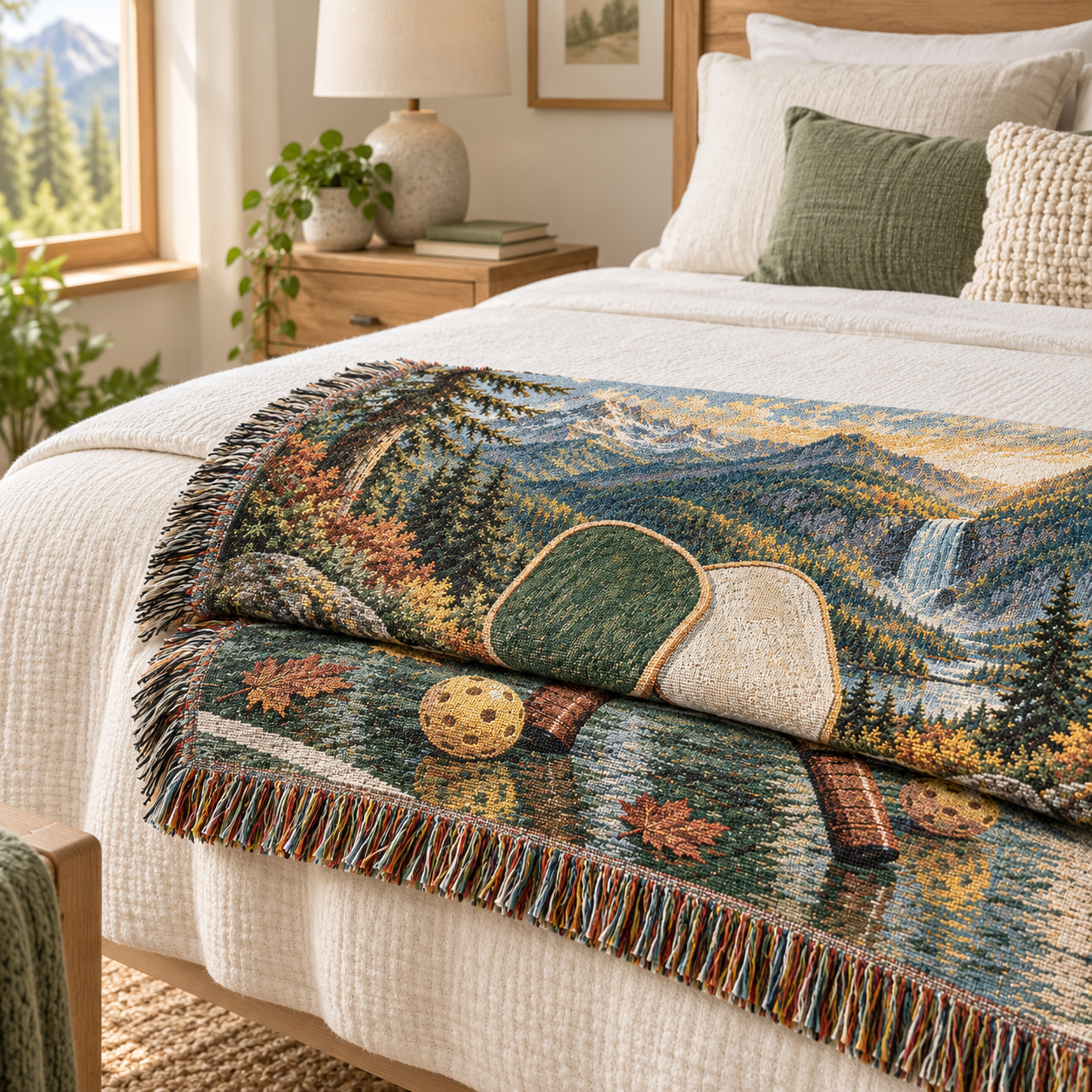 Pickleball Woven Blanket, 100% Cotton Sports Throw, Mountain Lake Tapestry, Pickleball Player Gift, Rustic Cabin Decor - Image 5