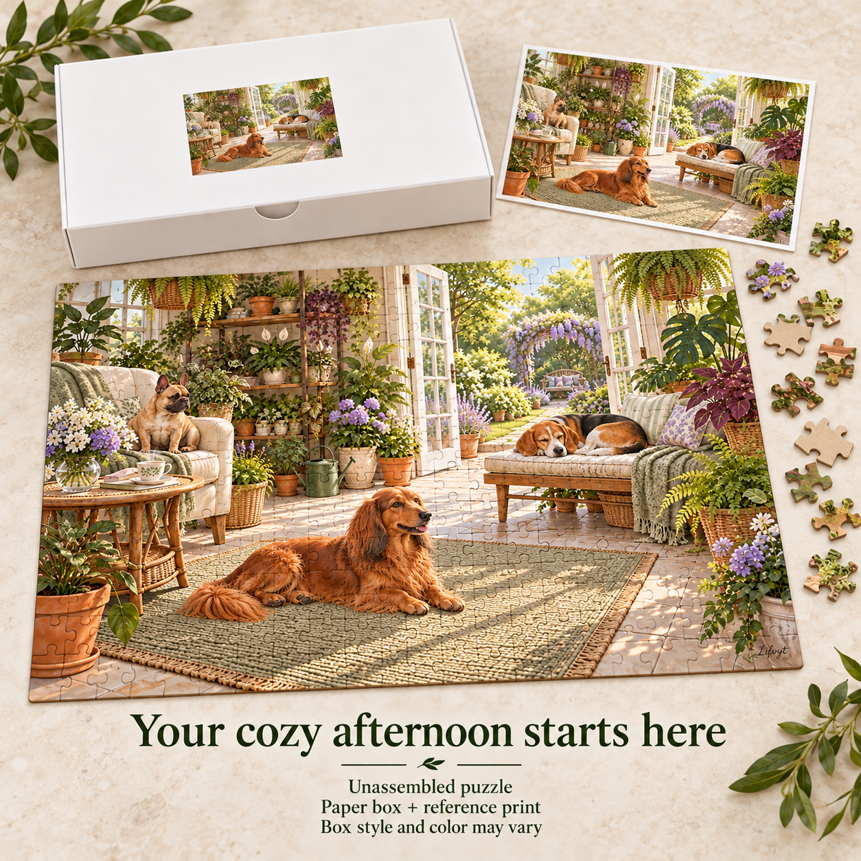 Greenhouse nap club dog jigsaw puzzle cozy garden room gift for dog and plant lovers - Image 4