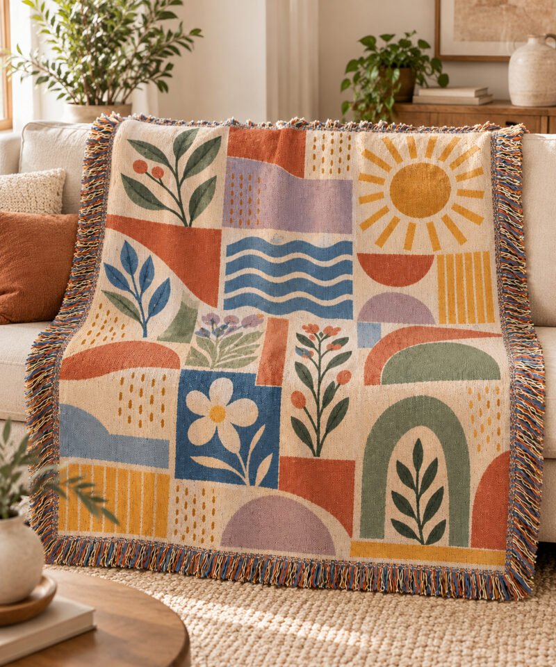 Boho botanical woven cotton throw blanket