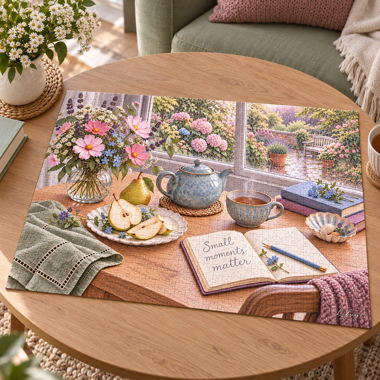 Cottagecore tea garden jigsaw puzzle with flowers and cozy window scene gift for tea lovers