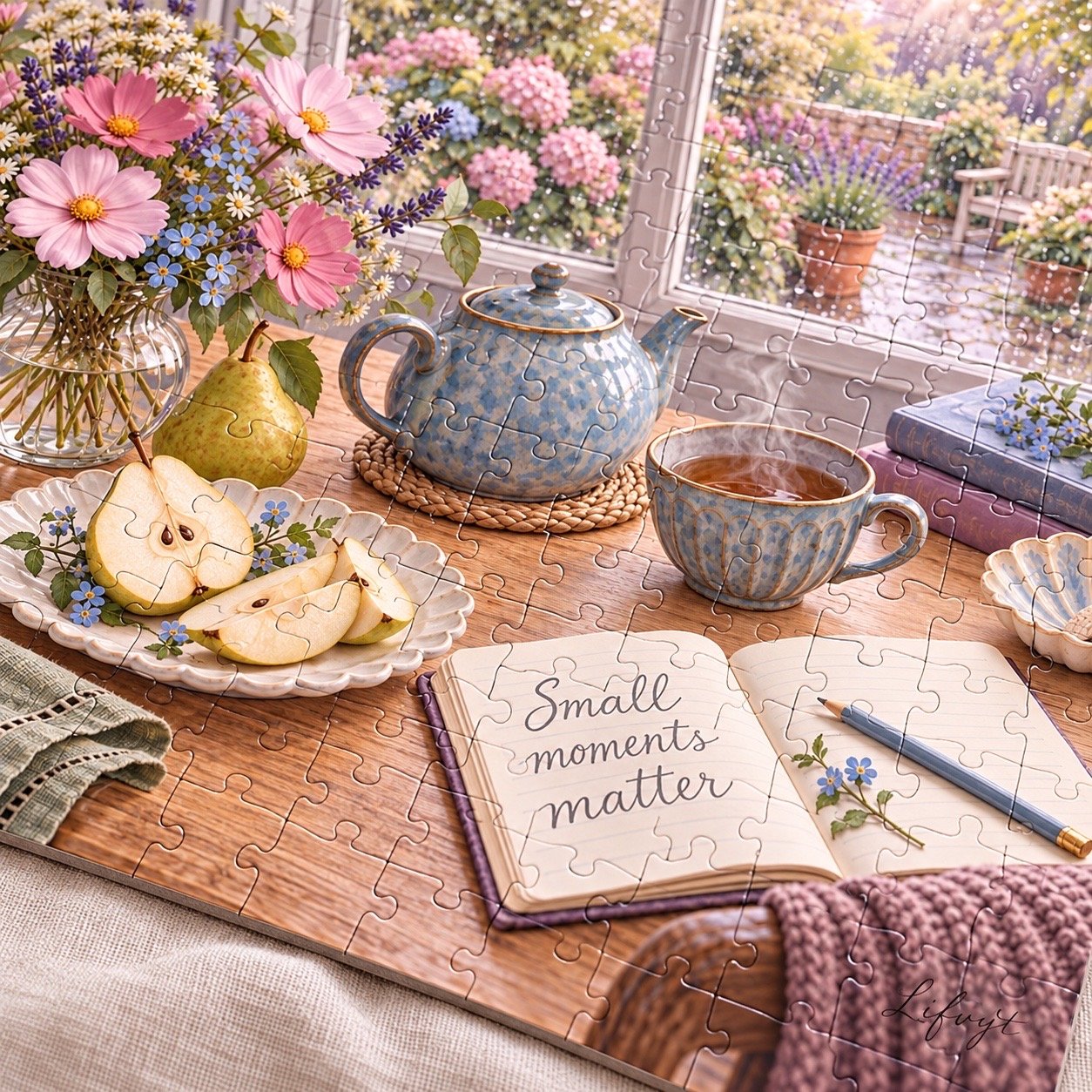 Cottagecore tea garden jigsaw puzzle with flowers and cozy window scene gift for tea lovers - Image 3