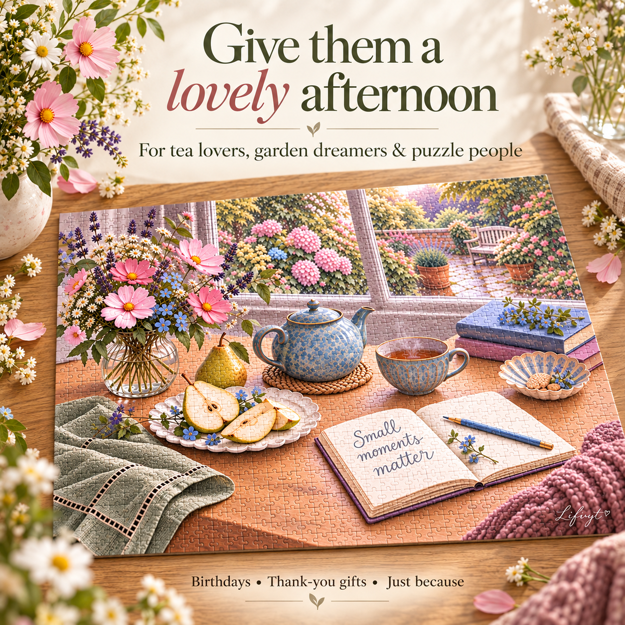 Cottagecore tea garden jigsaw puzzle with flowers and cozy window scene gift for tea lovers - Image 4