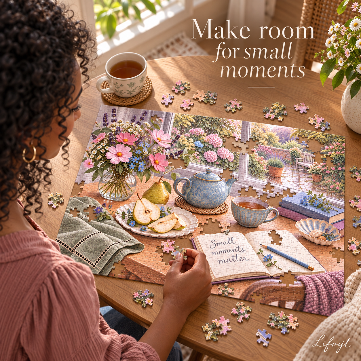 Cottagecore tea garden jigsaw puzzle with flowers and cozy window scene gift for tea lovers - Image 6
