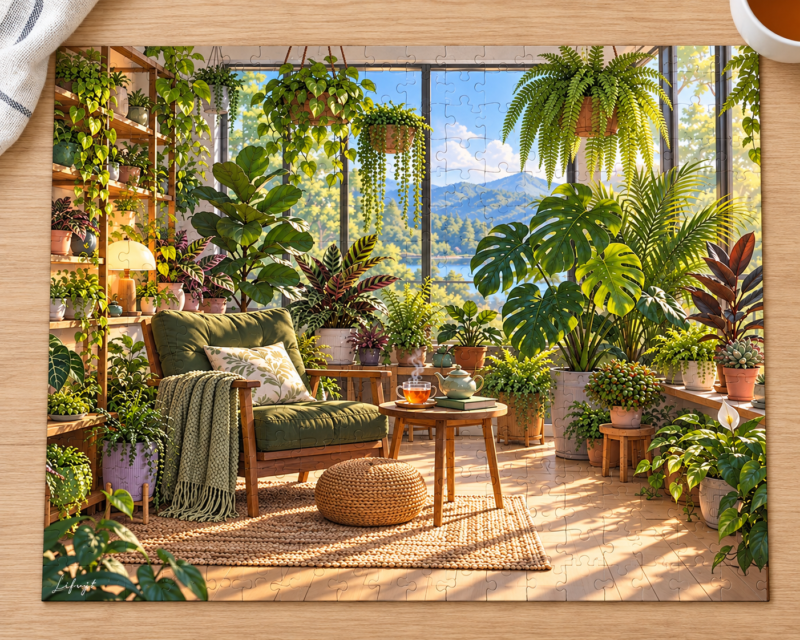 Plant lover puzzle cozy sunroom with houseplants and tea botanical jigsaw gift