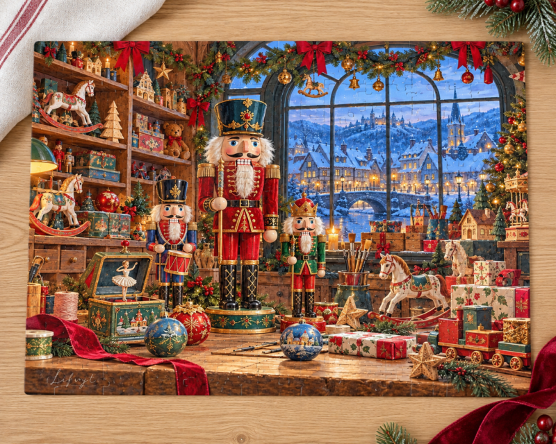 Nutcracker Christmas puzzle cozy toy workshop and snowy village holiday jigsaw gift