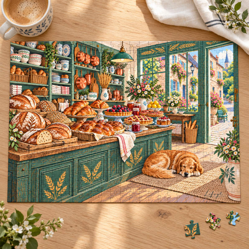 Cozy bakery jigsaw puzzle with sleeping dog Sunday Bakehouse bread lover gift