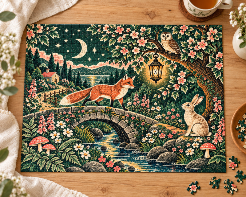 Woodland Folklore Puzzle with fox owl and hare moonlit cottagecore jigsaw