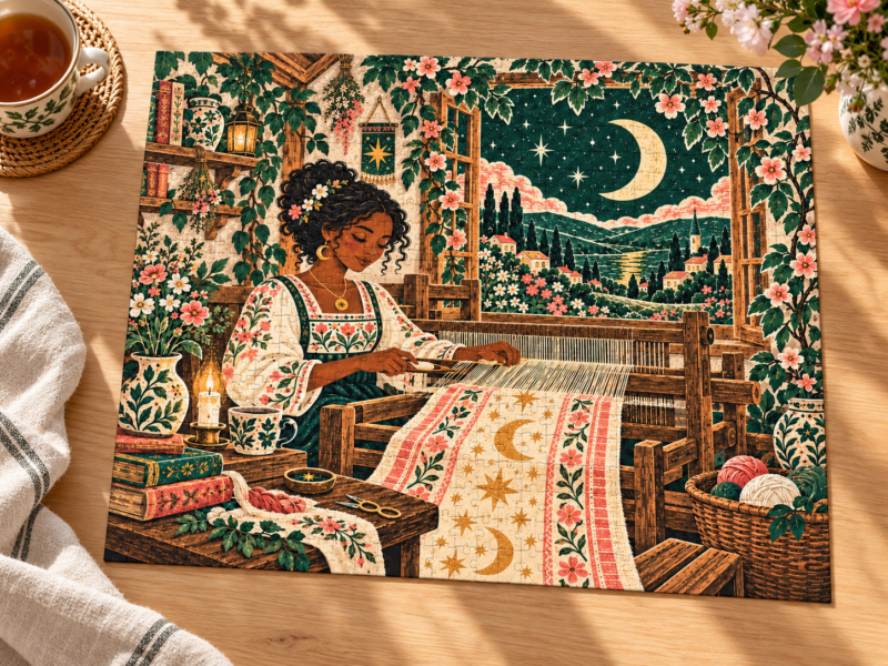 Star Weaver Puzzle moonlit folklore jigsaw with celestial cottage art
