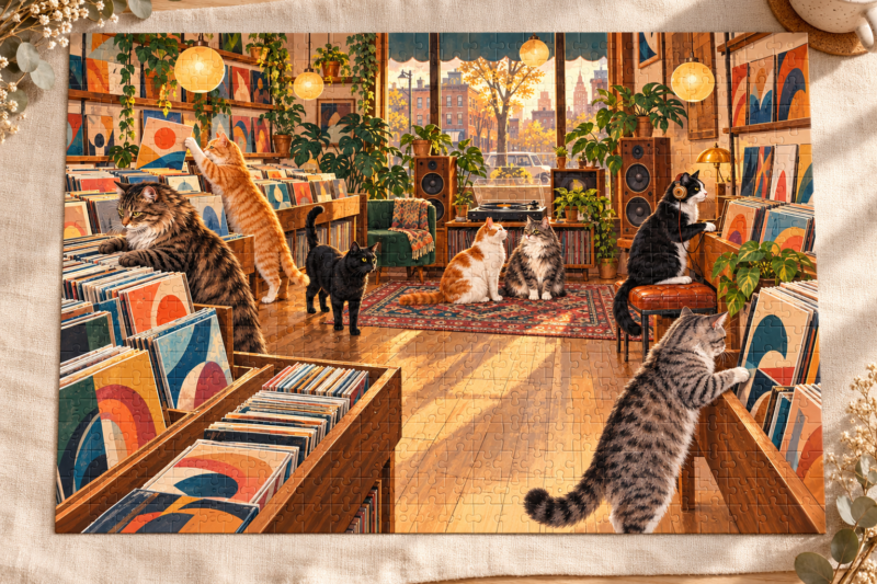 Velvet Paws record shop cat puzzle for adults vintage vinyl music lover gift cozy jigsaw puzzle 110 252 520 1014 pieces